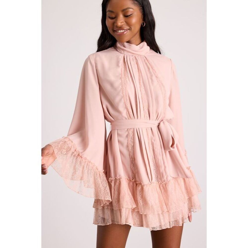 Chembery Sidonie Blush Pink Lace Bell Sleeve Mini Dress - Size XS